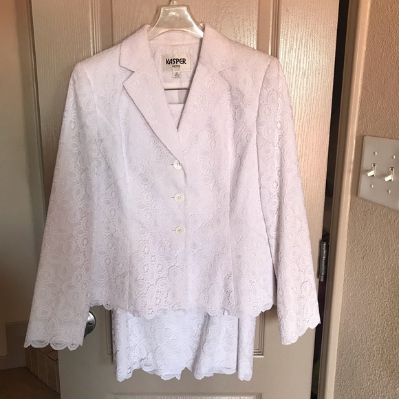 Kasper Jackets & Blazers - White two piece jacket and skirt lace lace suit